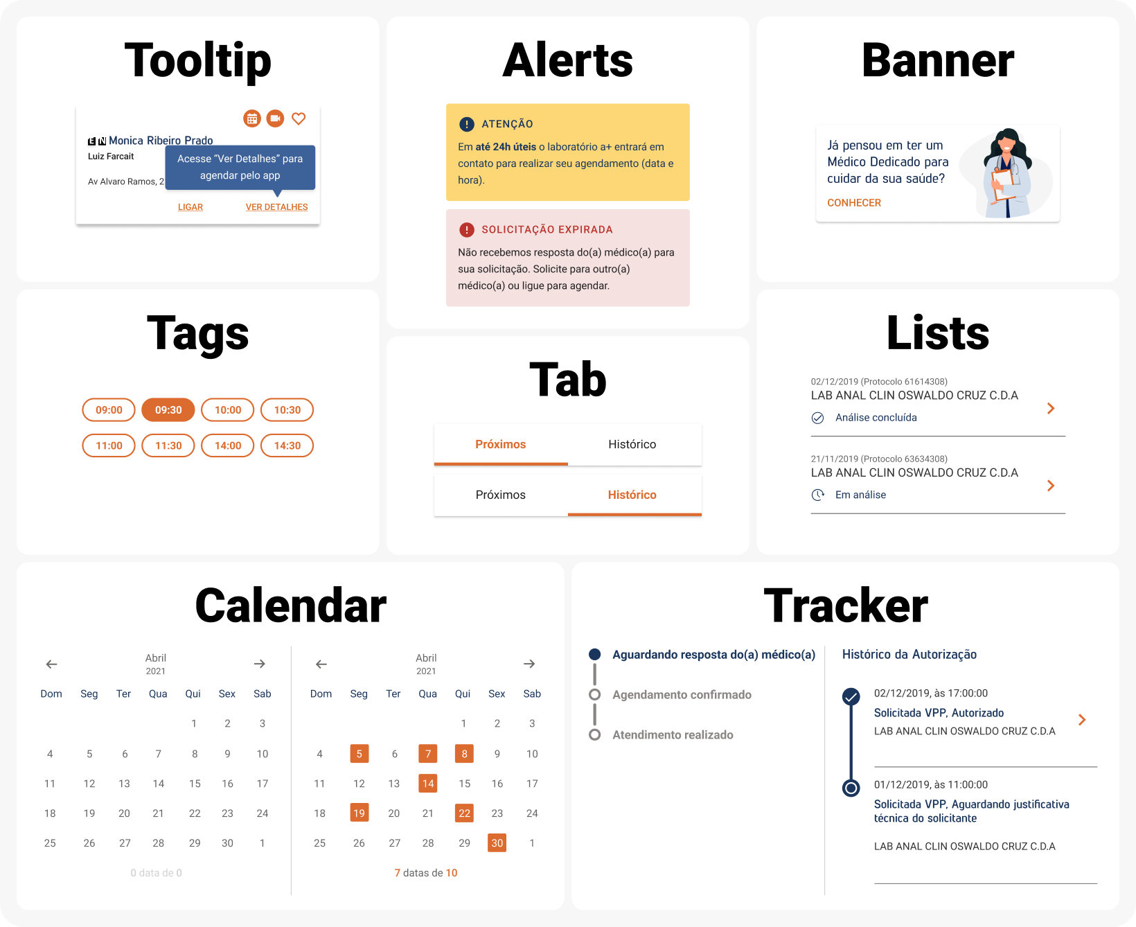 Componentes da biblioteca: Tooltip, Alerts, Banner, Tags, Tab, Lists, Calendar e Tracker