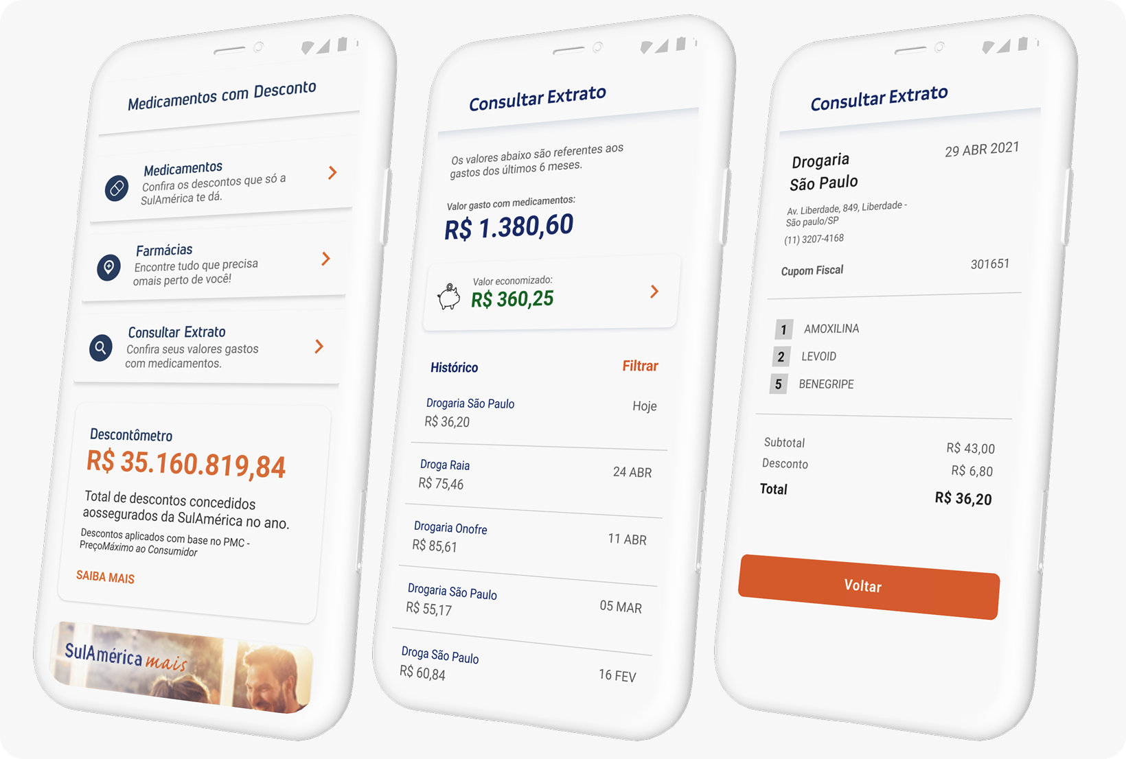 Três celulares com o serviço de Medicamentos com Desconto: menu, extrato e cupom fiscal