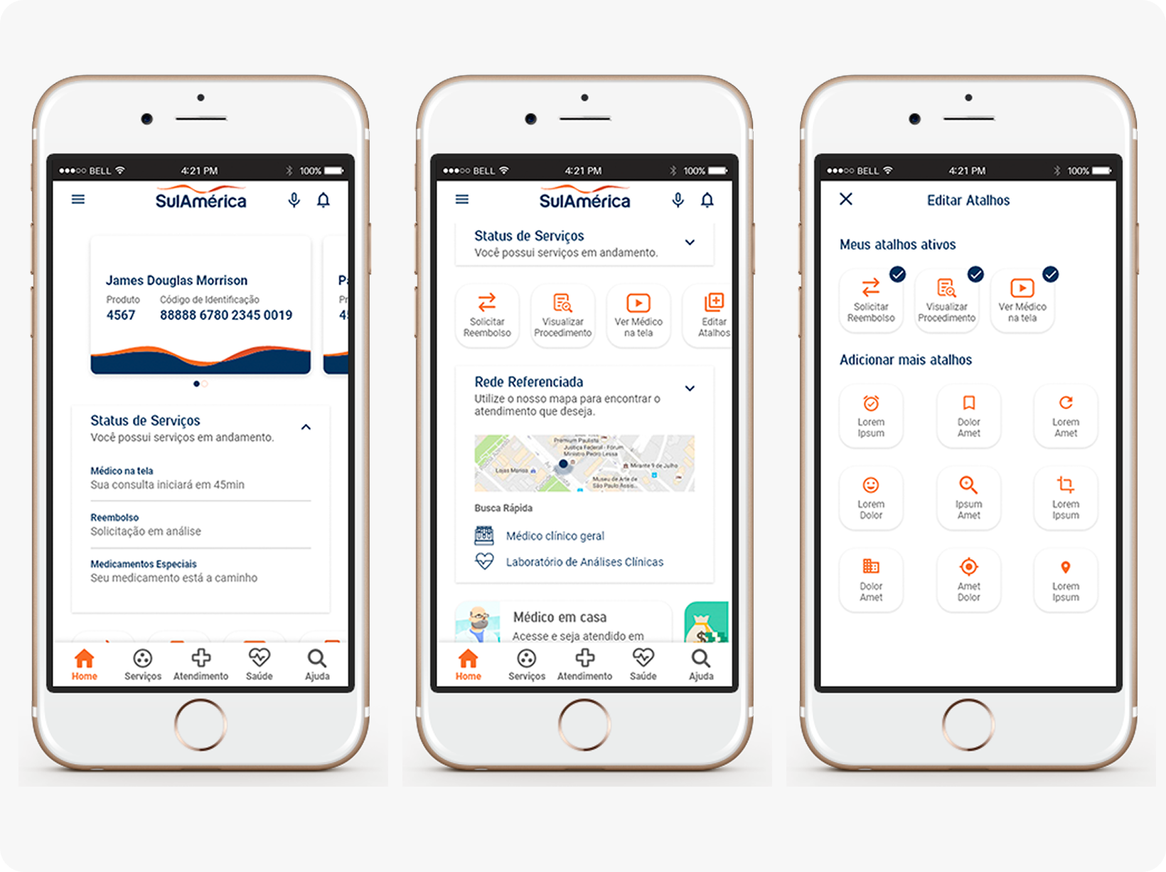 Três celulares com o protótipo do novo app de saúde: home, serviços e atalhos