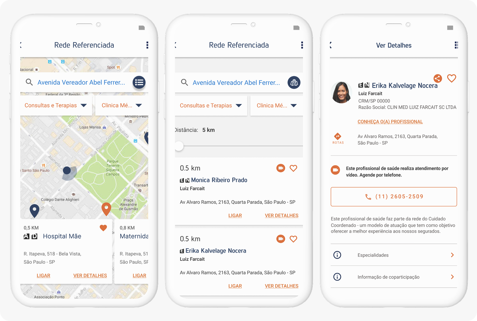 Três celulares com o redesenho da Rede Referenciada: mapa, lista e detalhes do profissional