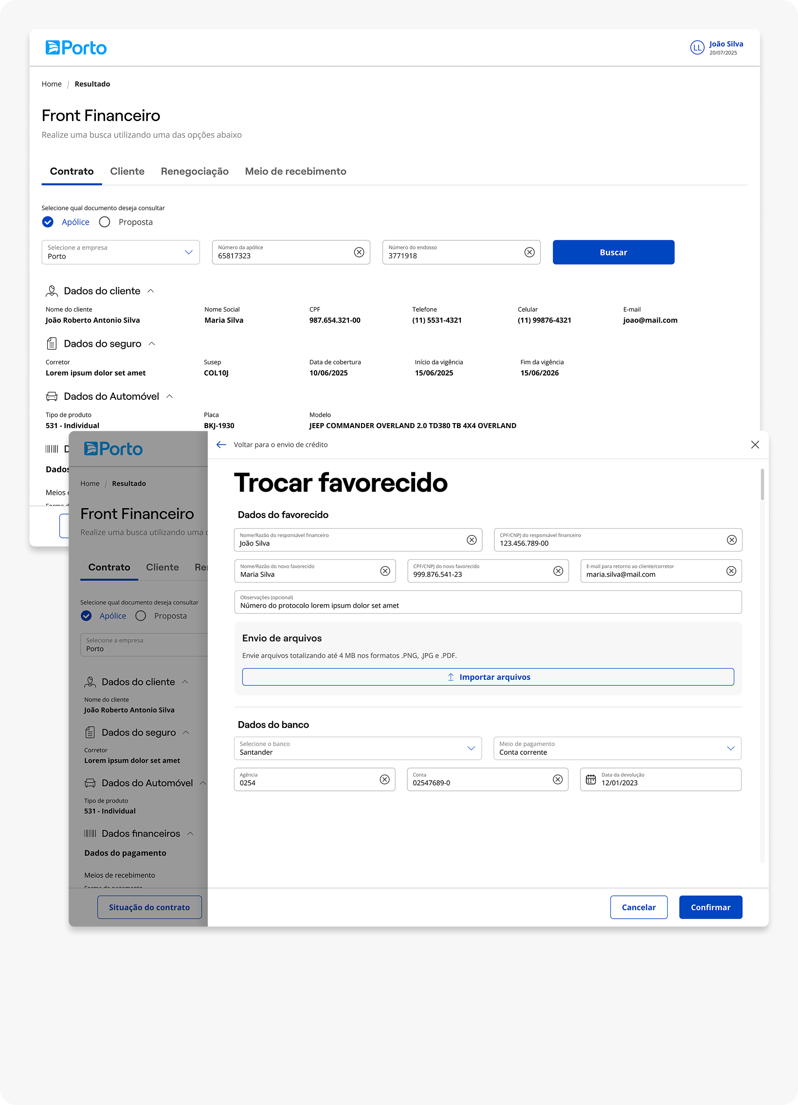Telas da nova plataforma: busca por contrato e modal Trocar favorecido