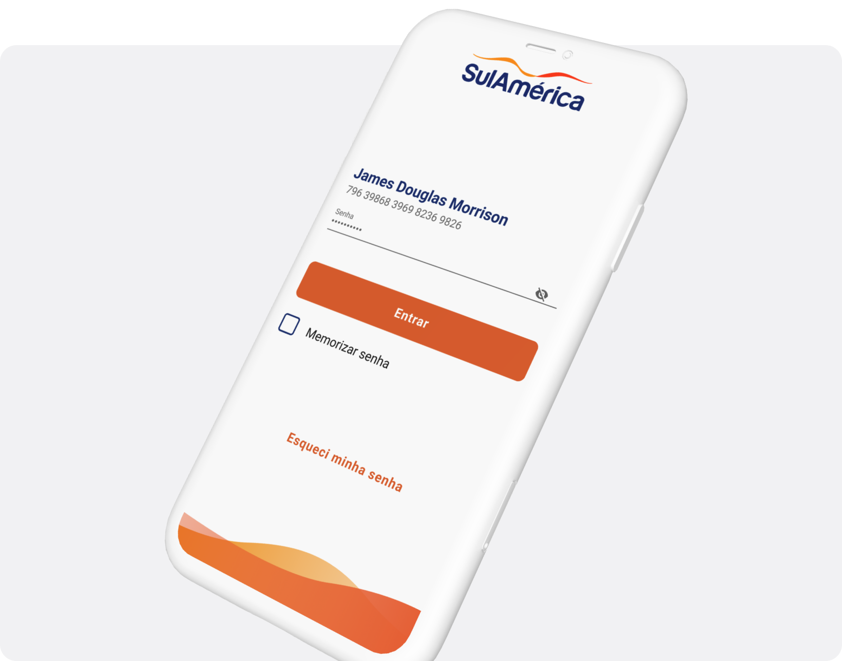 Celular exibindo a tela de login do app SulAmérica
