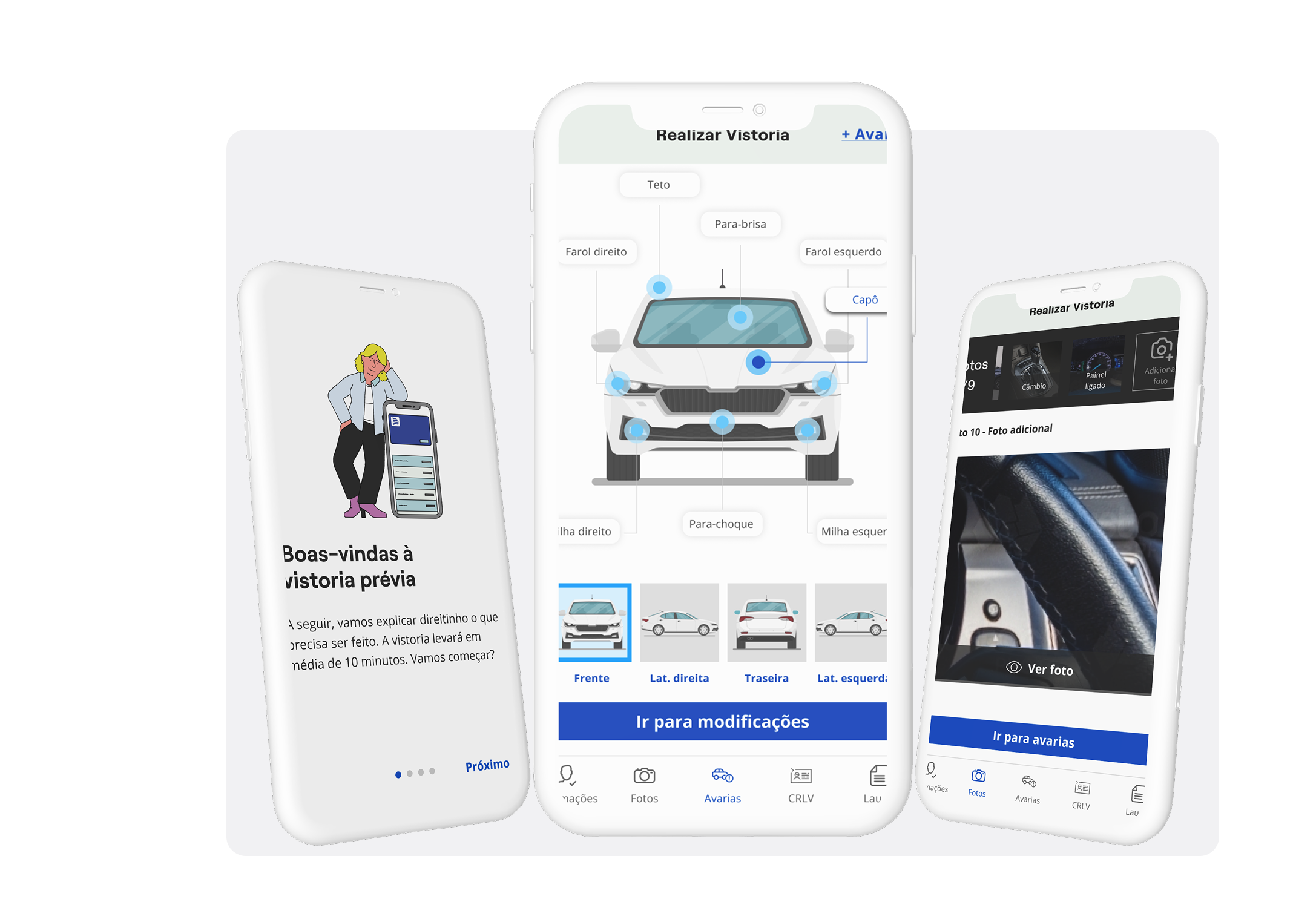 Três celulares exibindo o app de Vistoria Prévia