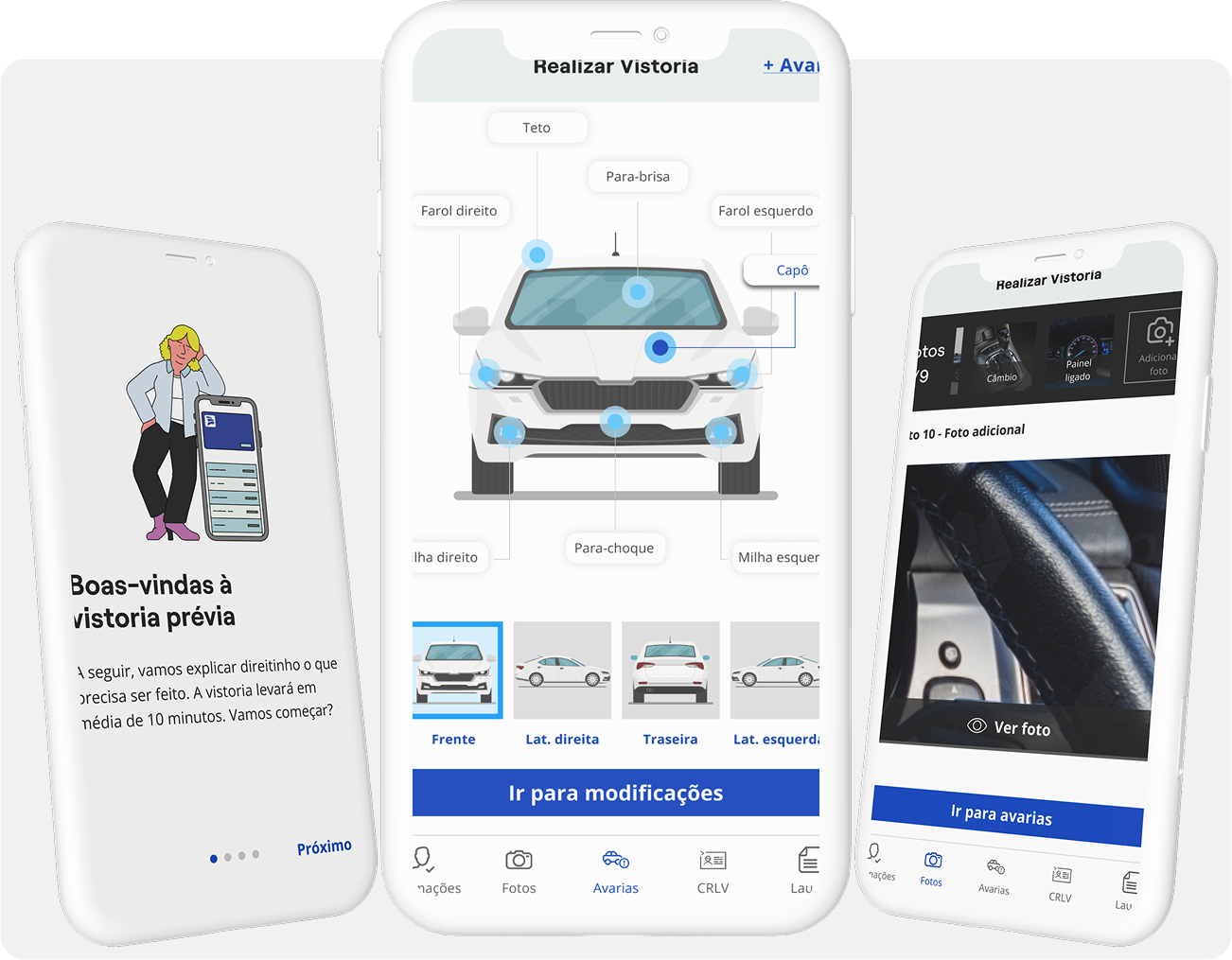 Três celulares exibindo o app de Vistoria Prévia